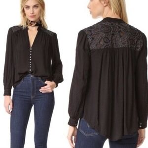 Free People Black Buttoned Asymmetrical Blouse